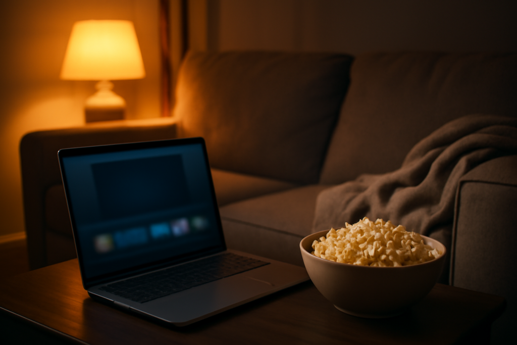 Ruang tamu malam hari dengan laptop menampilkan menu streaming dan semangkuk camilan di meja