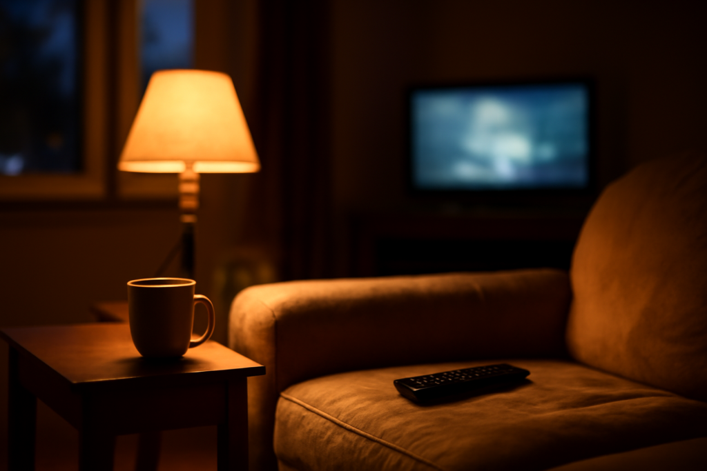Ruang tamu nyaman dengan sofa, cangkir teh, dan televisi menyala untuk menonton ulang sitkom Inggris