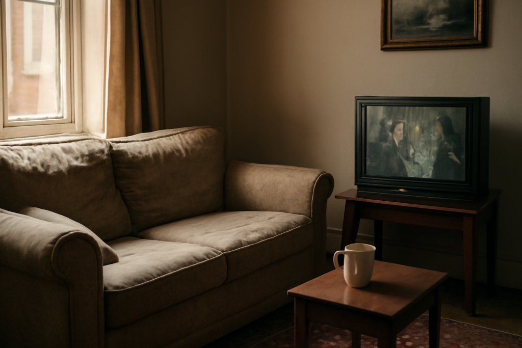 Ruang tamu Inggris dengan sofa usang dan cangkir teh, suasana menonton sitkom