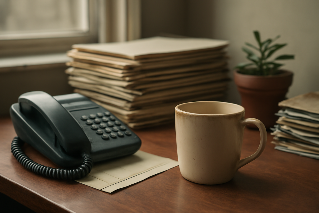 Meja kantor Inggris dengan telepon, tumpukan berkas, dan mug di dekat jendela
