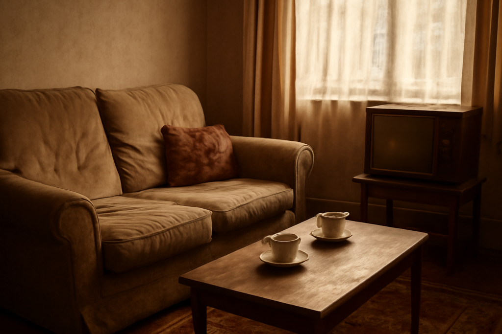 Ruang tamu khas Inggris dengan sofa dan televisi, menggambarkan suasana menonton sitkom keluarga