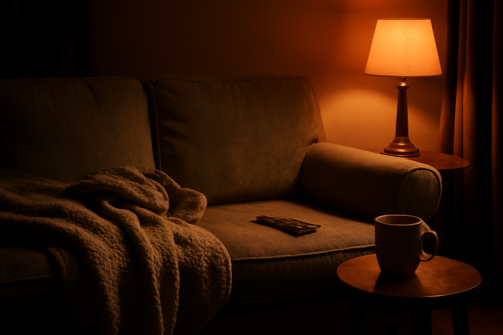 Ruang tamu malam hari dengan sofa dan cangkir teh, suasana santai untuk menonton sitkom Inggris pendek